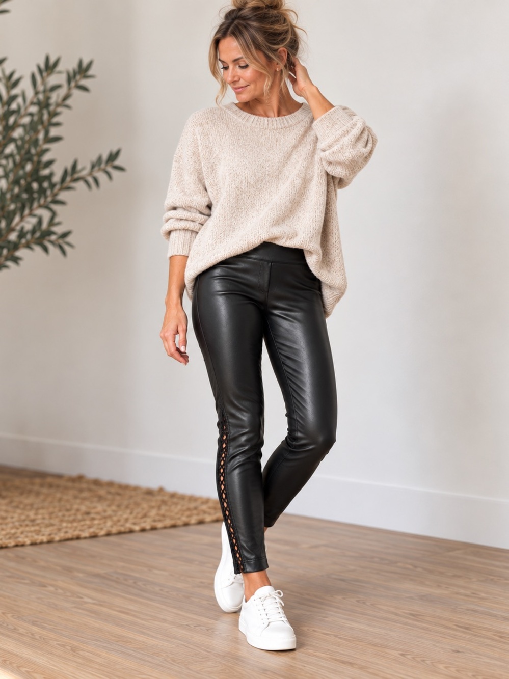 Black Faux Leather Lace Detail Ankle Leggings